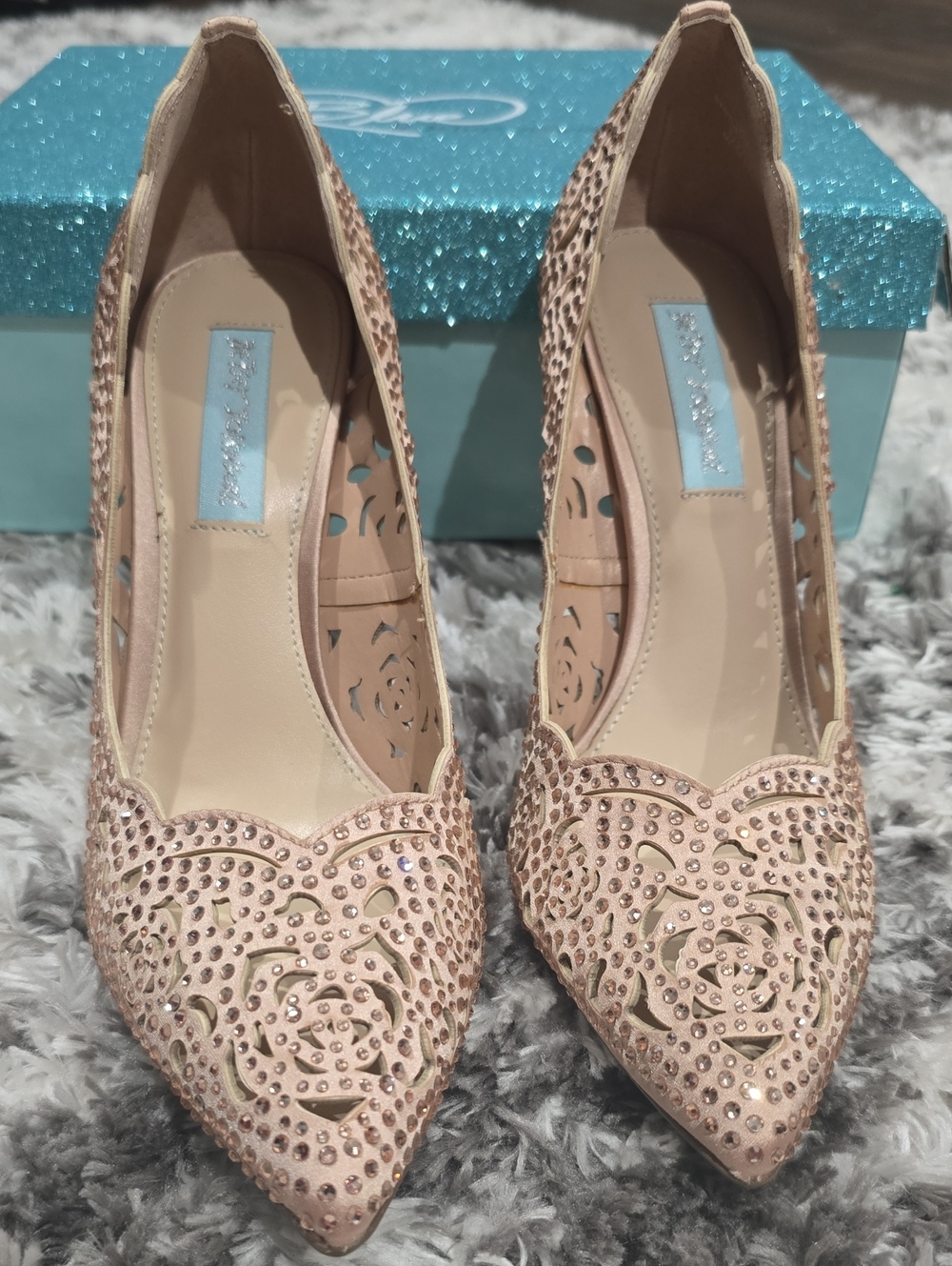 Betsey Johnson Blush Pink Laser-Cut Pointed Toe Pumps with Rhinestones